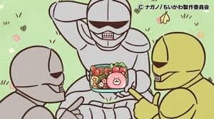 鎧さんと古代遺跡のような背景、そしてちいかわのイメージイラスト