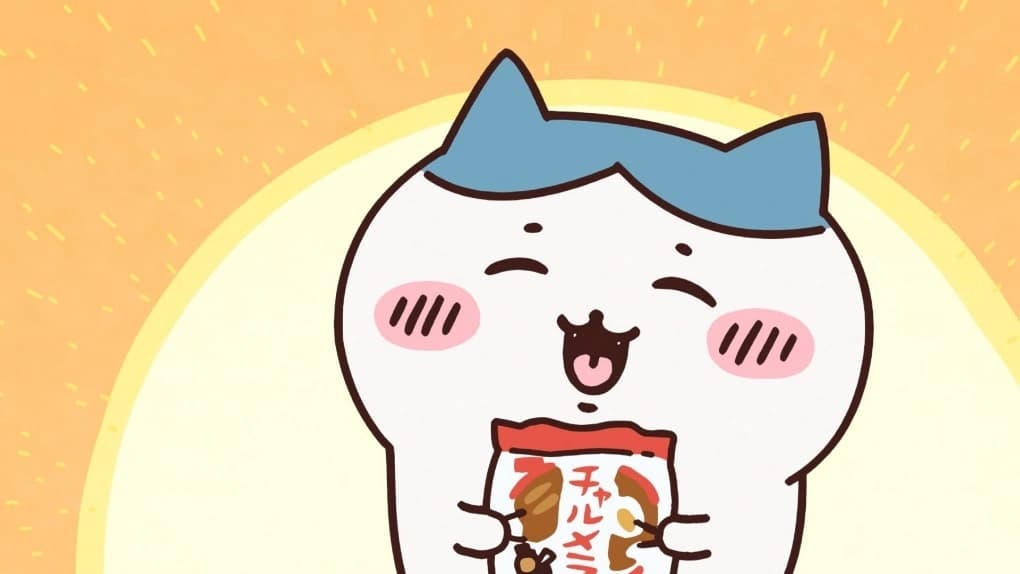 笑顔でちいかわに話しかけるハチワレのイラスト